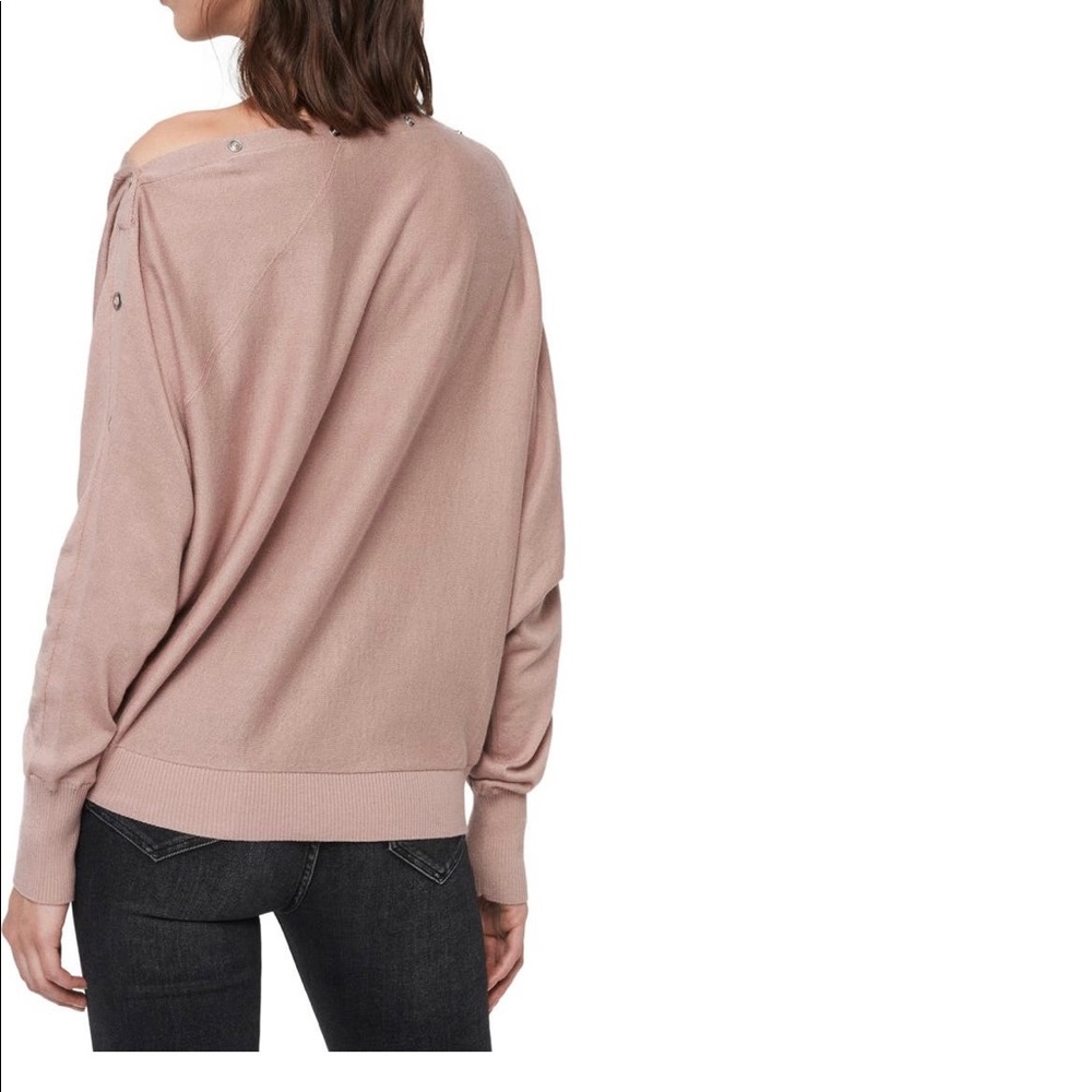 All Saints Elle Cotton Pullover. Like new! Boat neck, silver snaps, ribbed trim